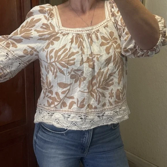 Christian Siriano Linen Blend Floral Square Neck Crochet Blouse Top Shirt Sz L - Picture 4 of 10